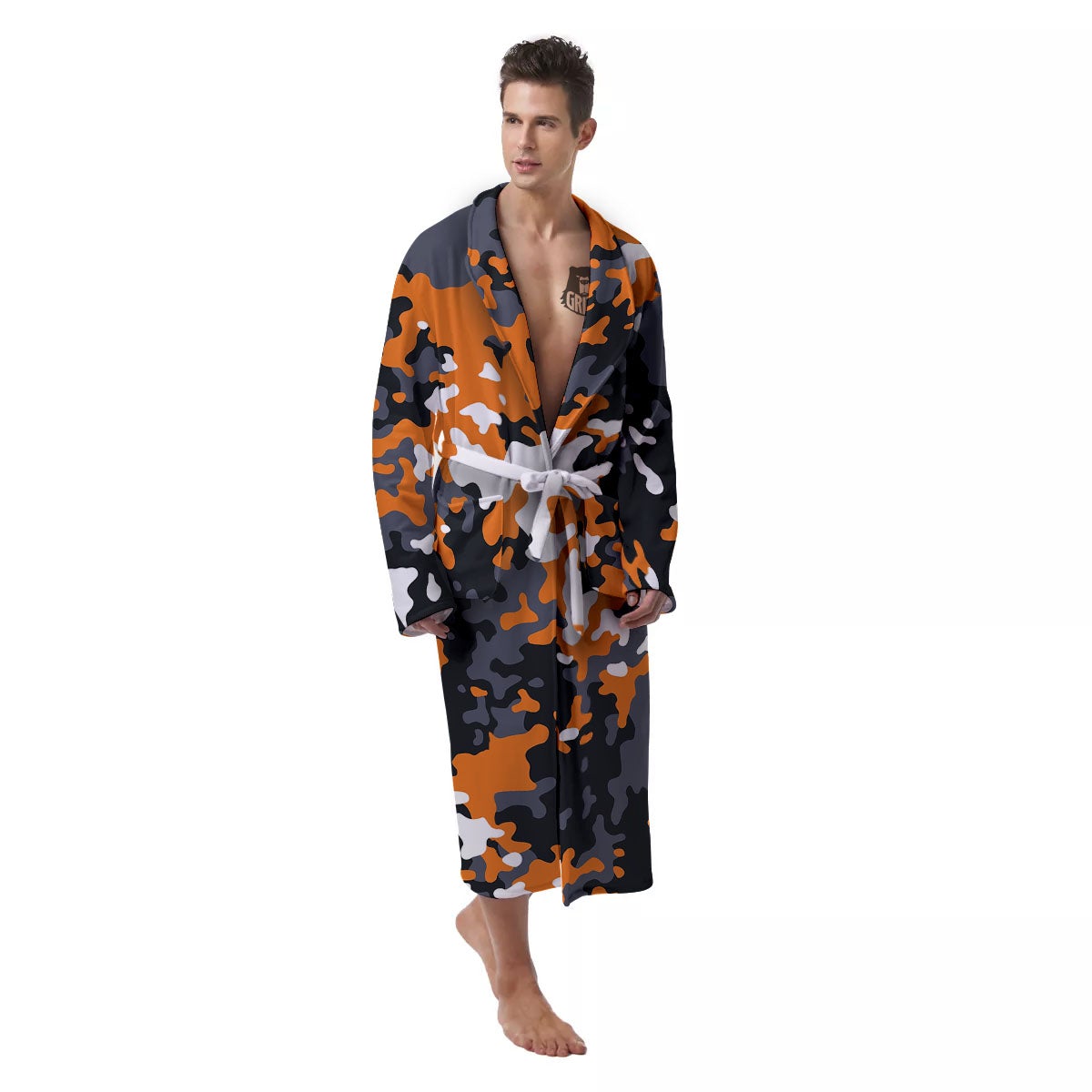 Black Orange And Grey Camouflage Print Men's Robe-grizzshop