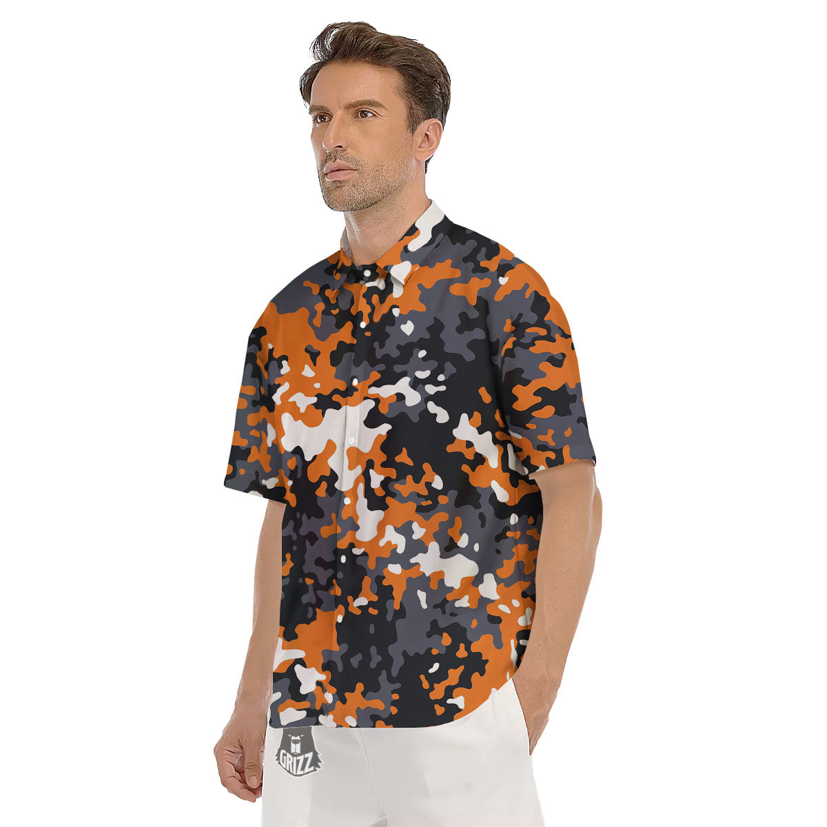 Black Orange And Grey Camouflage Print Men's Short Sleeve Shirts-grizzshop