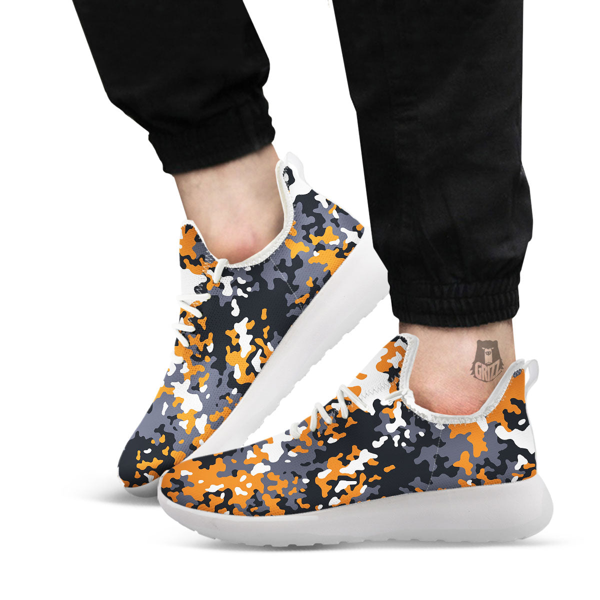 Black Orange And Grey Camouflage Print White Athletic Shoes-grizzshop