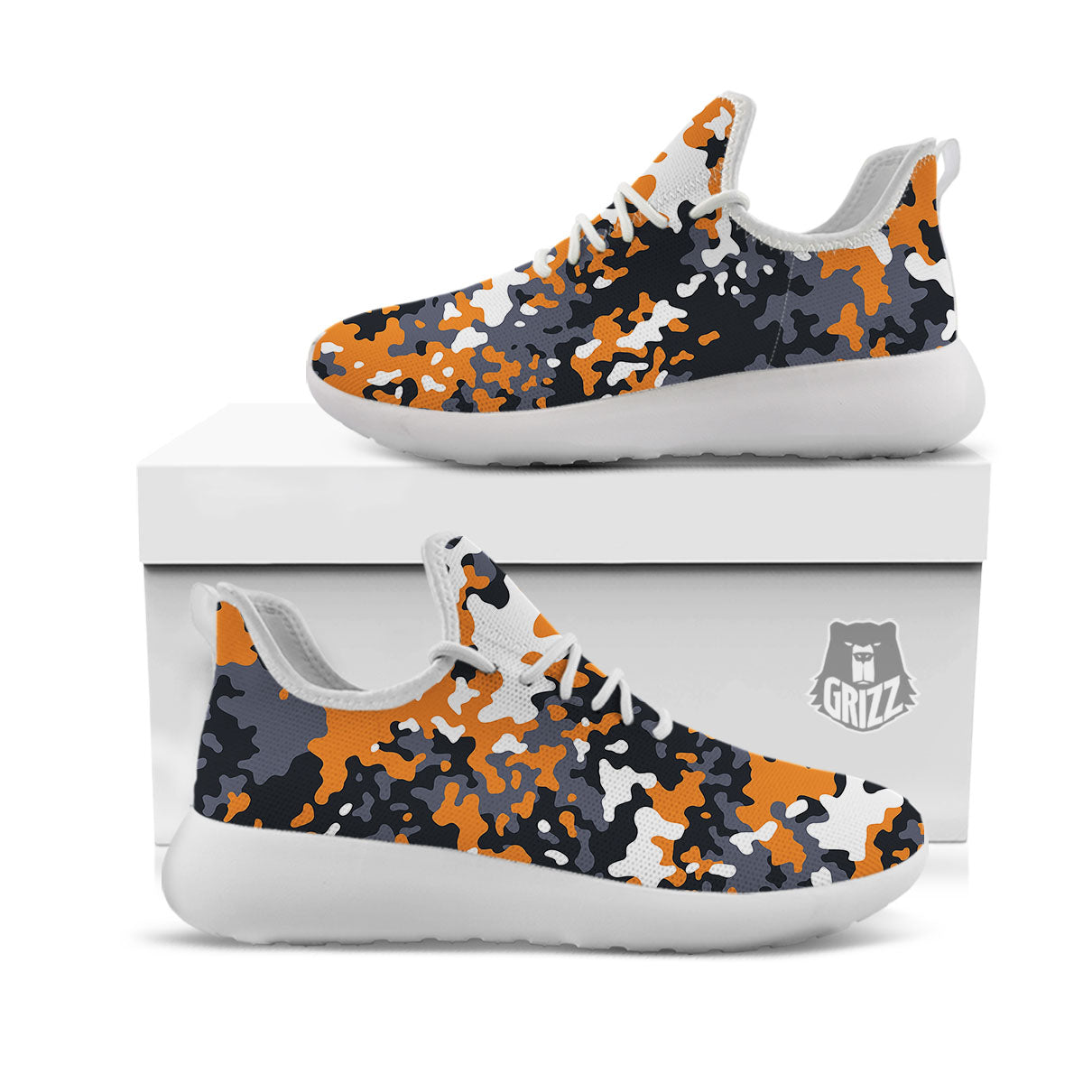 Black Orange And Grey Camouflage Print White Athletic Shoes-grizzshop