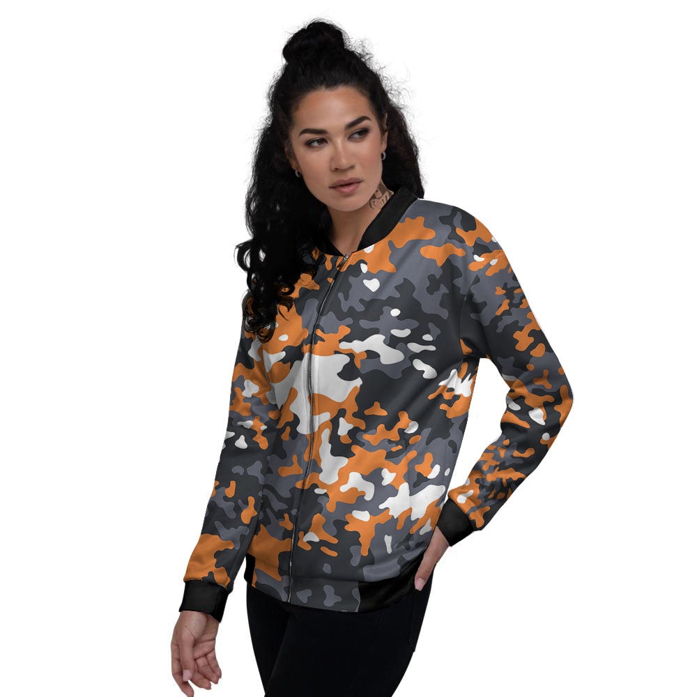 Black Orange And Grey Camouflage Print Women's Bomber Jacket-grizzshop