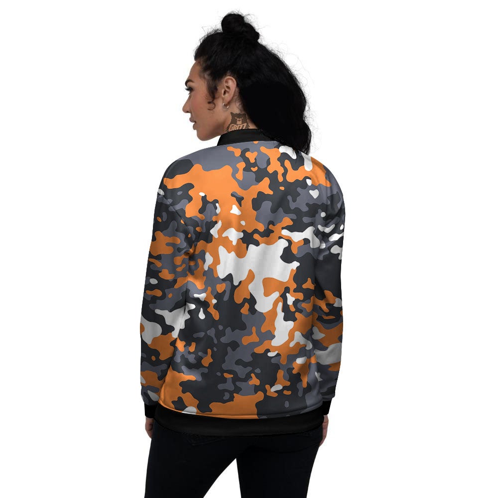 Black Orange And Grey Camouflage Print Women's Bomber Jacket-grizzshop