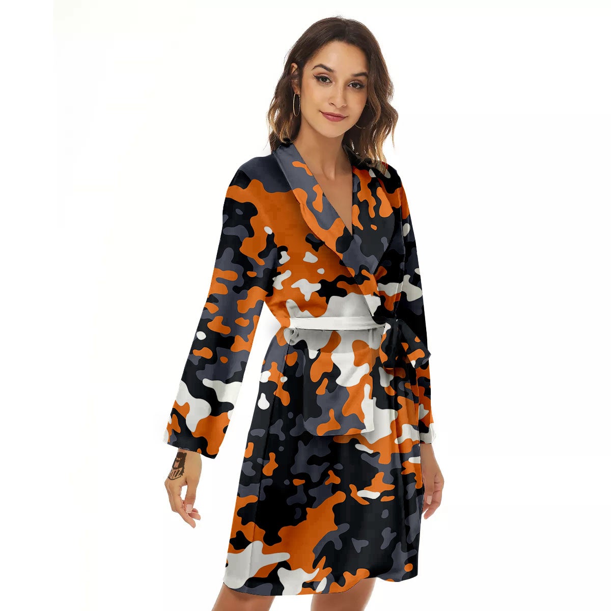 Black Orange And Grey Camouflage Print Women's Robe-grizzshop