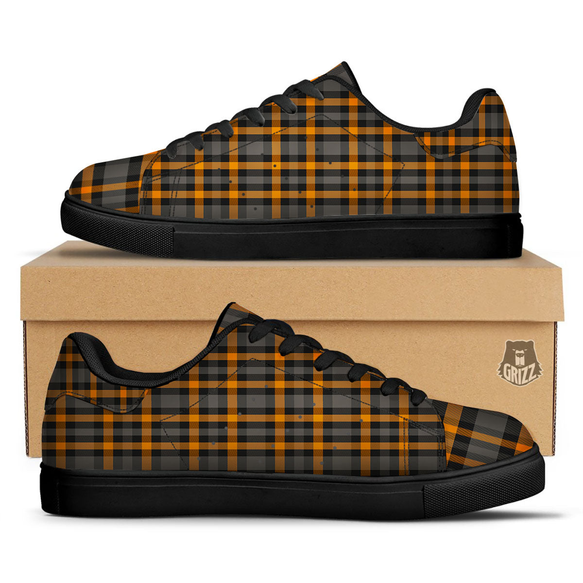Black Orange And Grey Plaid Print Pattern Black Low Top Sneakers-grizzshop