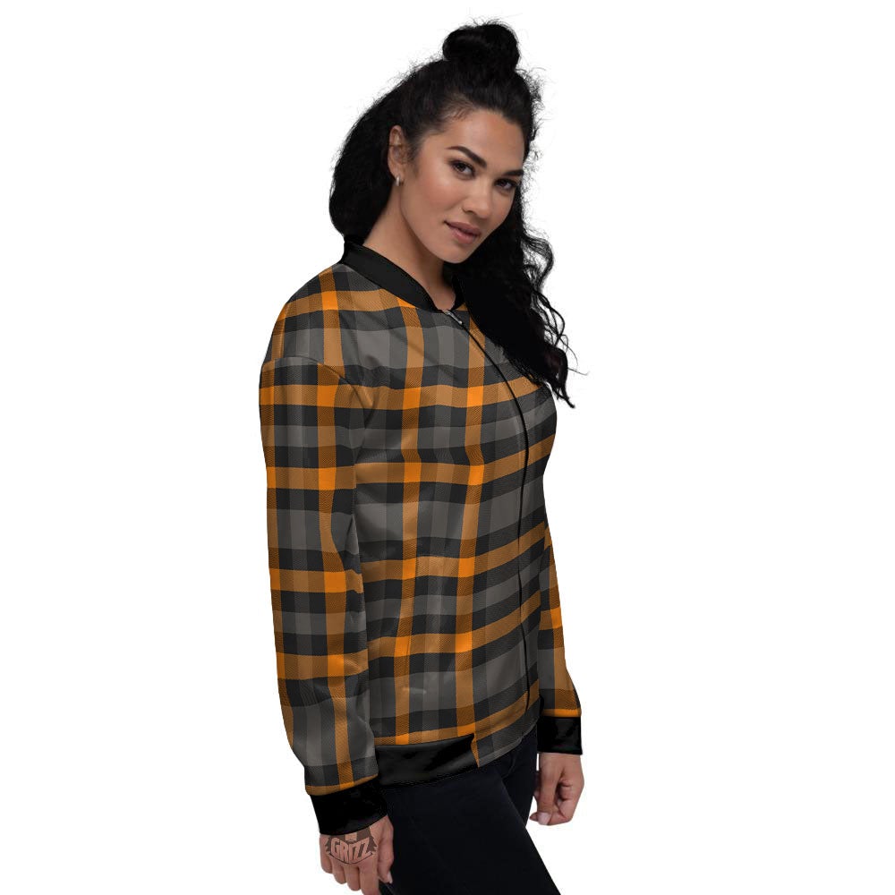 Black Orange And Grey Plaid Print Pattern Women's Bomber Jacket-grizzshop