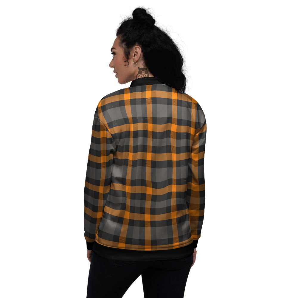 Black Orange And Grey Plaid Print Pattern Women's Bomber Jacket-grizzshop