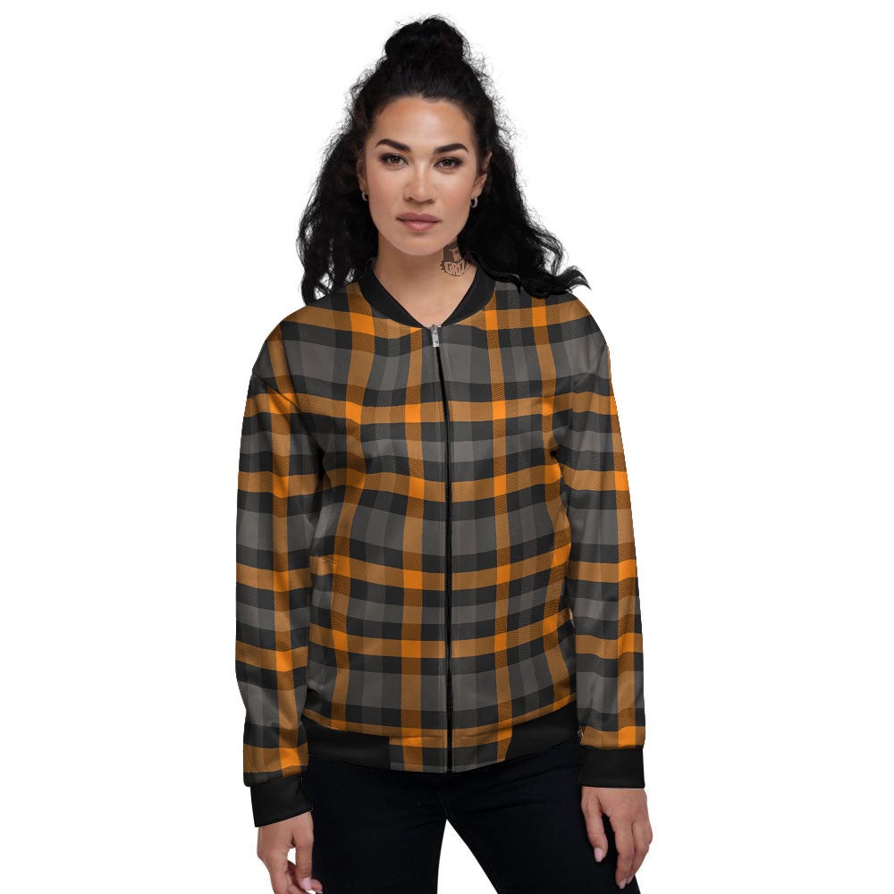 Black Orange And Grey Plaid Print Pattern Women's Bomber Jacket-grizzshop