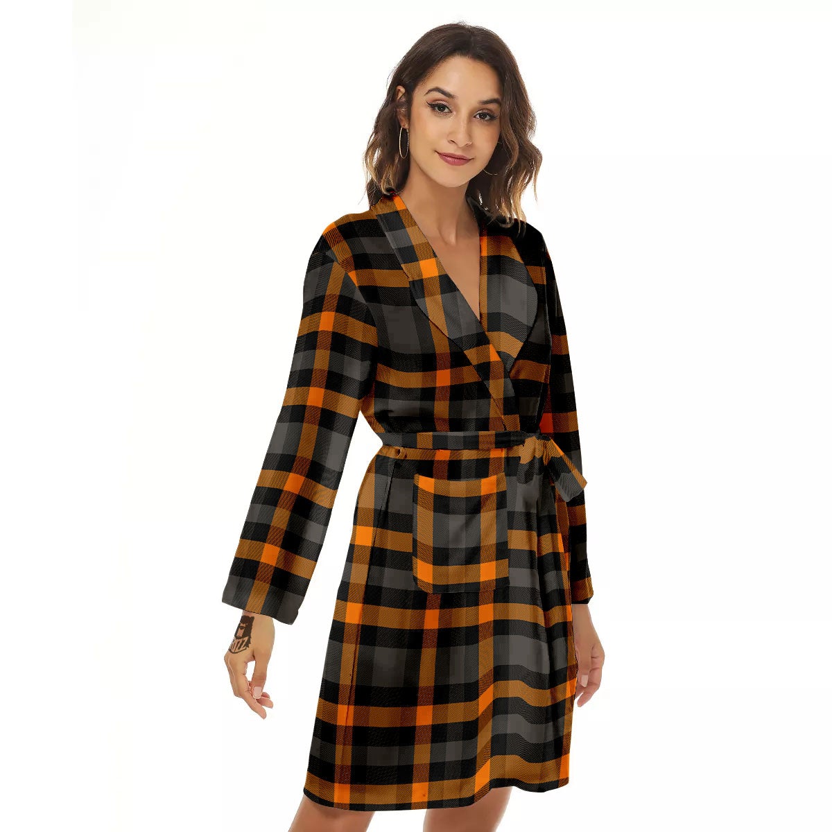 Black Orange And Grey Plaid Print Pattern Women's Robe-grizzshop
