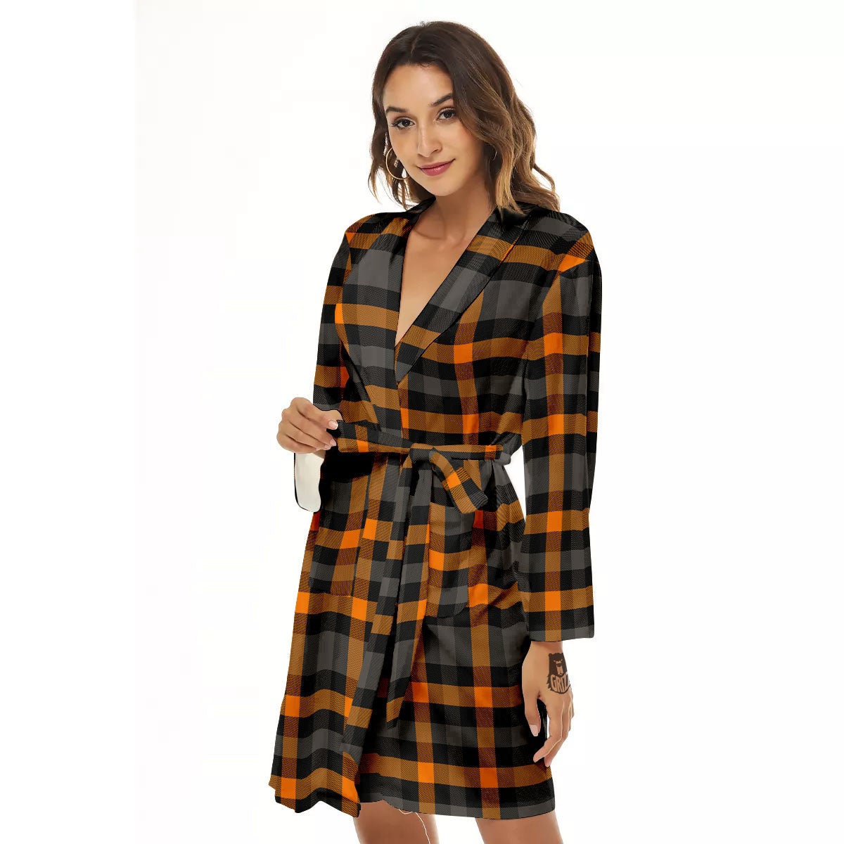 Black Orange And Grey Plaid Print Pattern Women's Robe-grizzshop