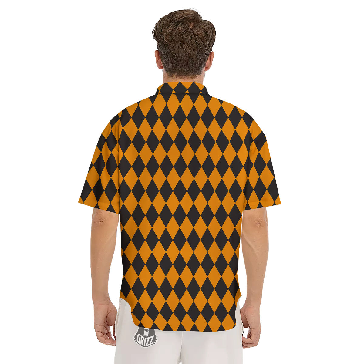 Black Orange And White Harlequin Print Men's Short Sleeve Shirts-grizzshop