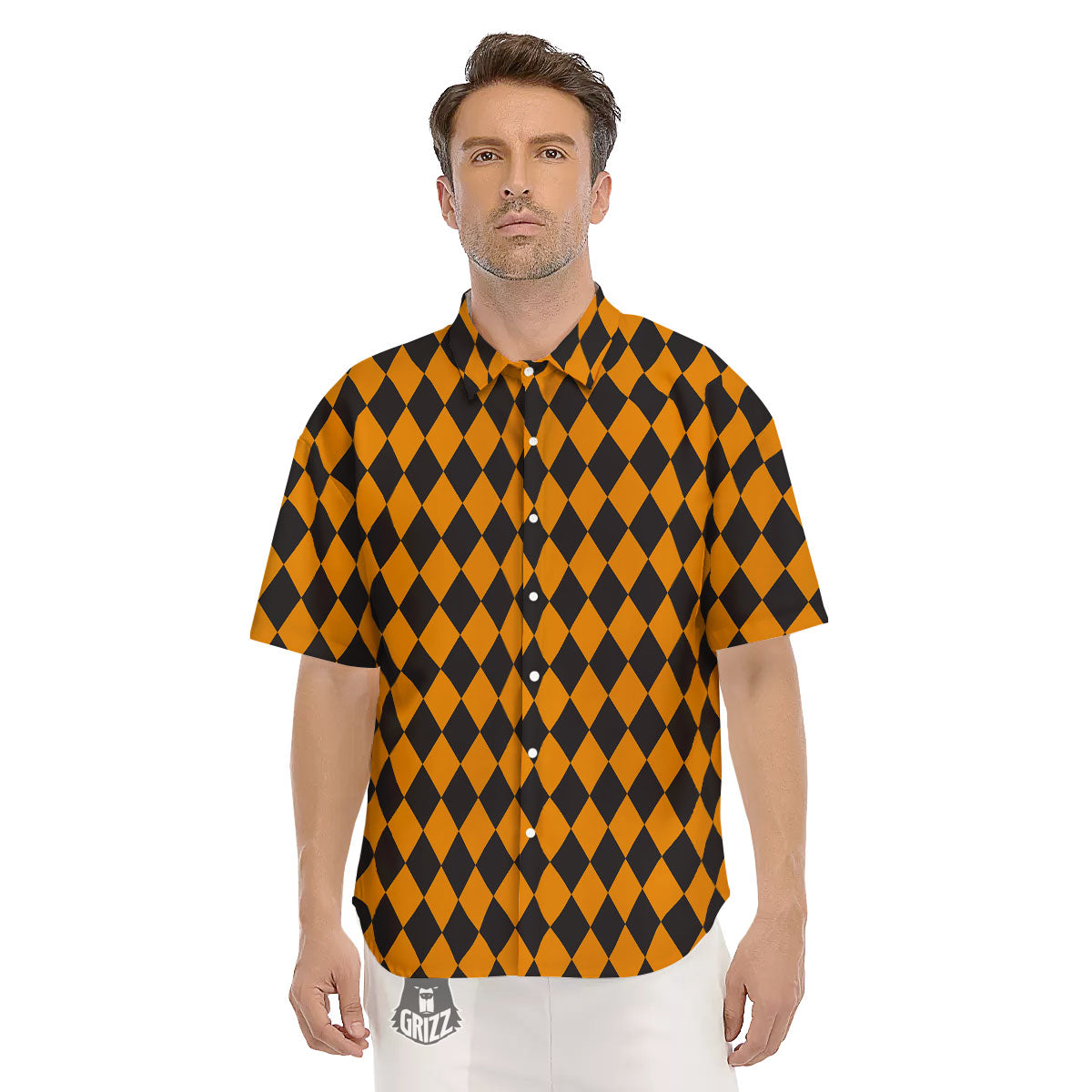 Black Orange And White Harlequin Print Men's Short Sleeve Shirts-grizzshop