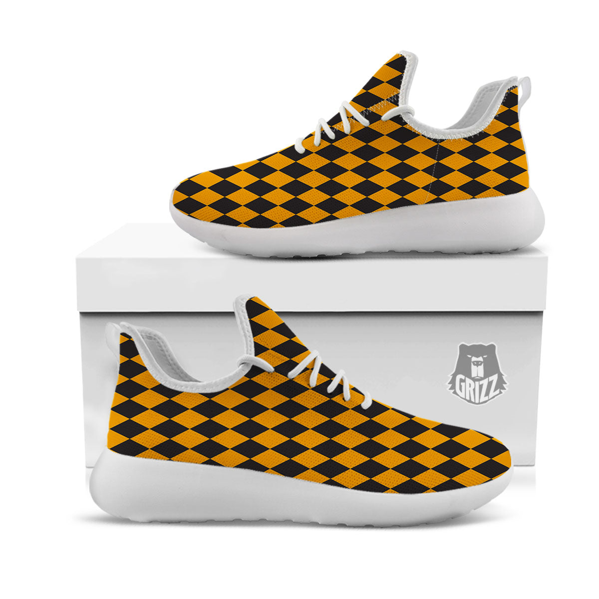 Black Orange And White Harlequin Print White Athletic Shoes-grizzshop