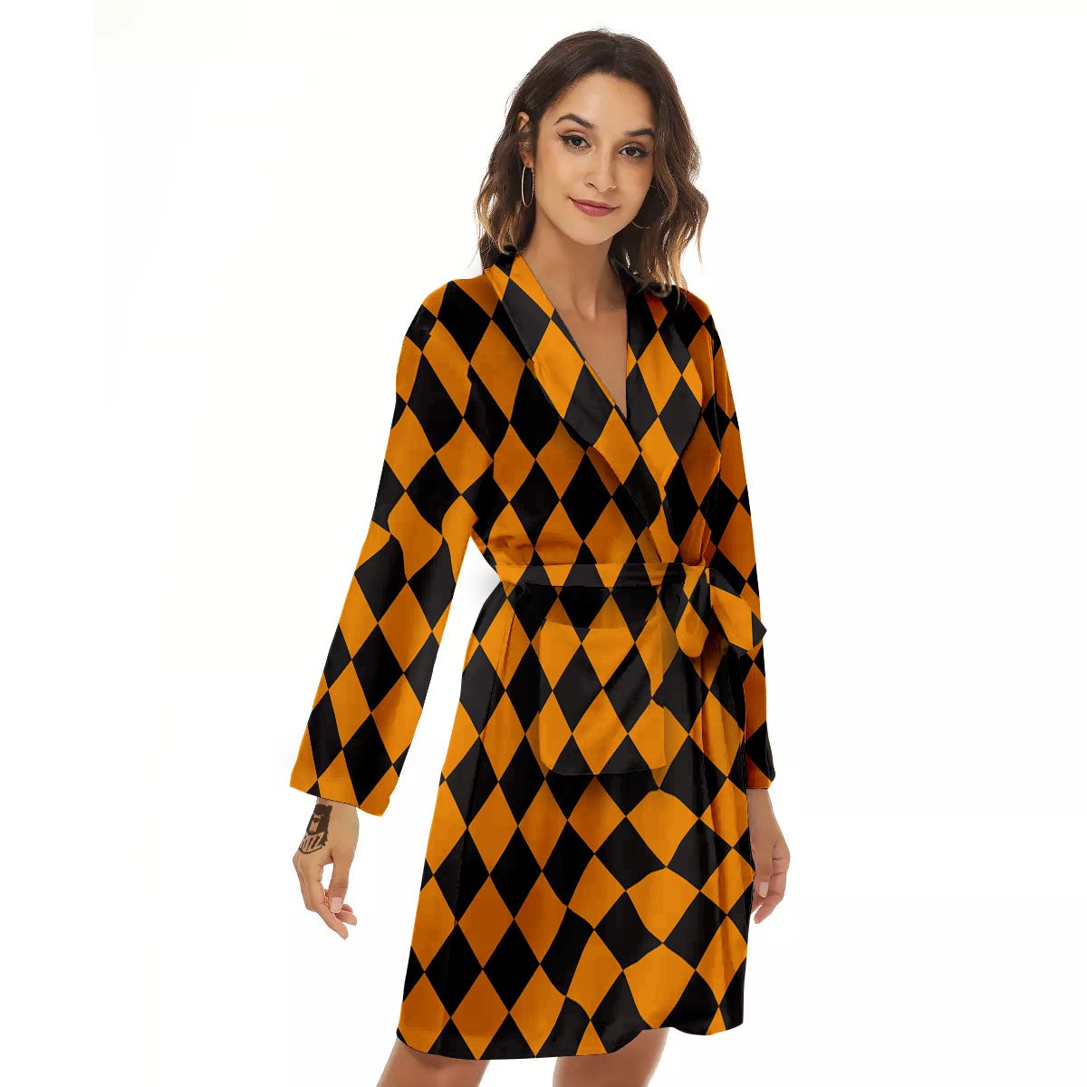 Black Orange And White Harlequin Print Women's Robe-grizzshop