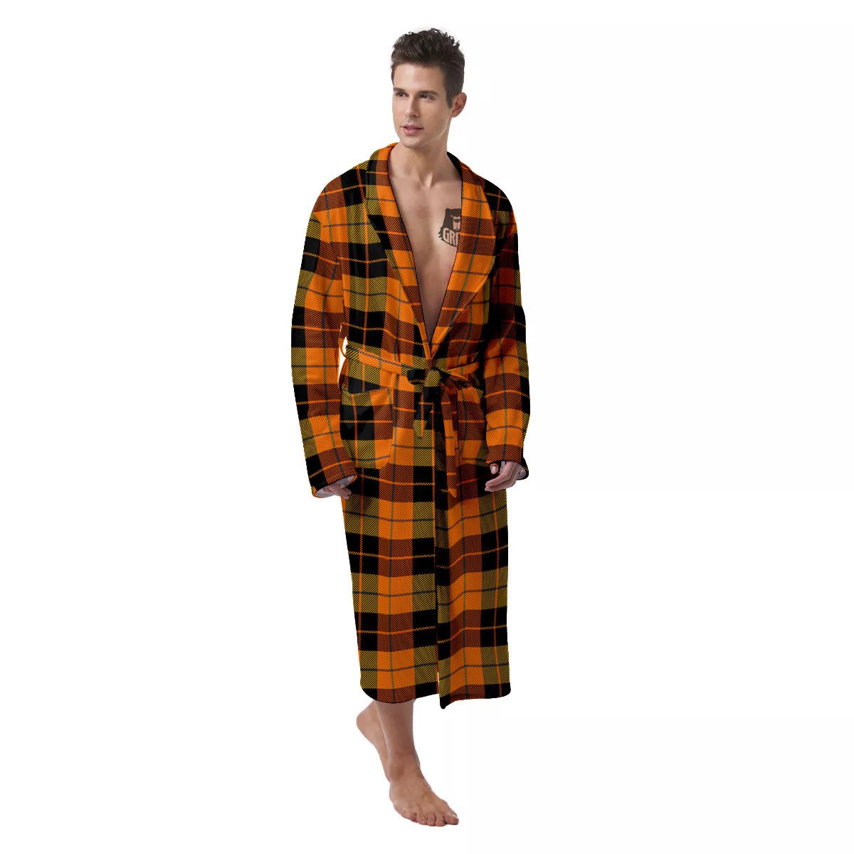 Black Orange And Yellow Tartan Print Pattern Men's Robe-grizzshop