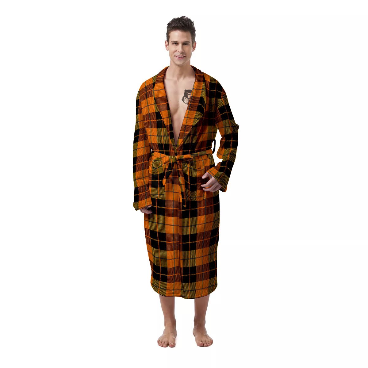 Black Orange And Yellow Tartan Print Pattern Men's Robe-grizzshop