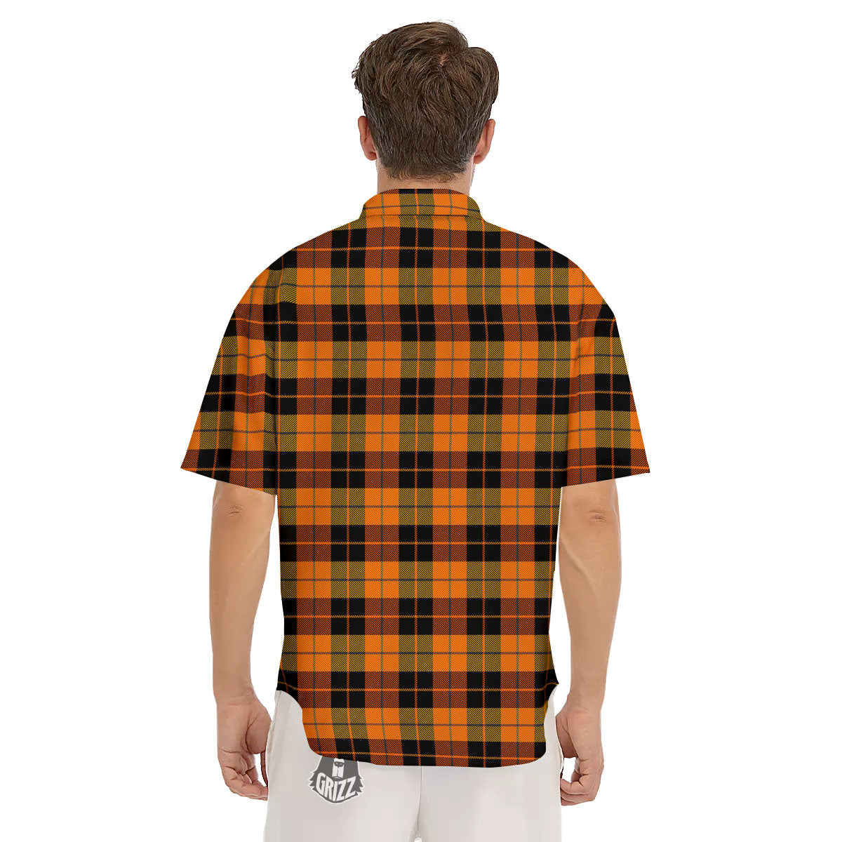 Black Orange And Yellow Tartan Print Pattern Men's Short Sleeve Shirts-grizzshop