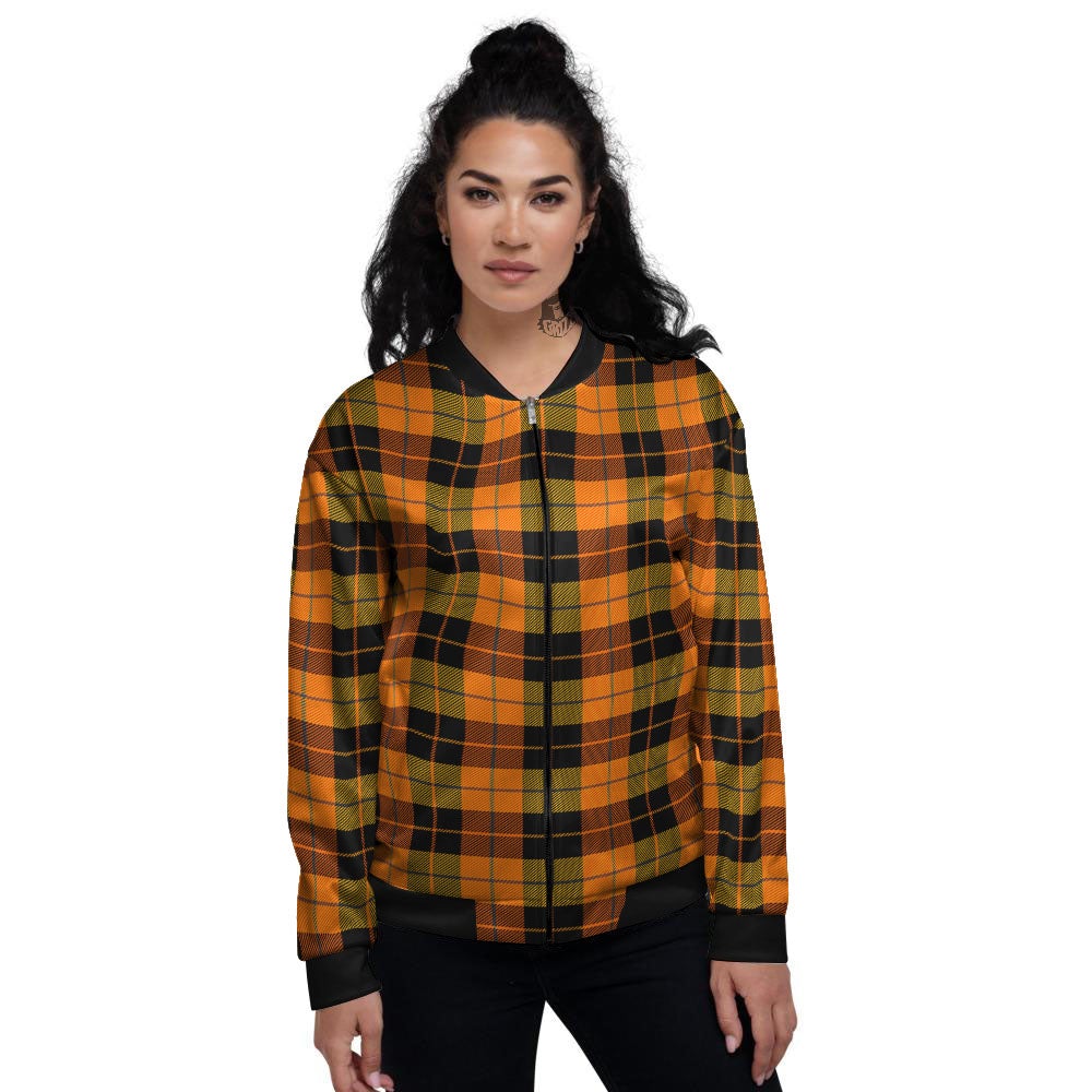 Black Orange And Yellow Tartan Print Pattern Women's Bomber Jacket-grizzshop