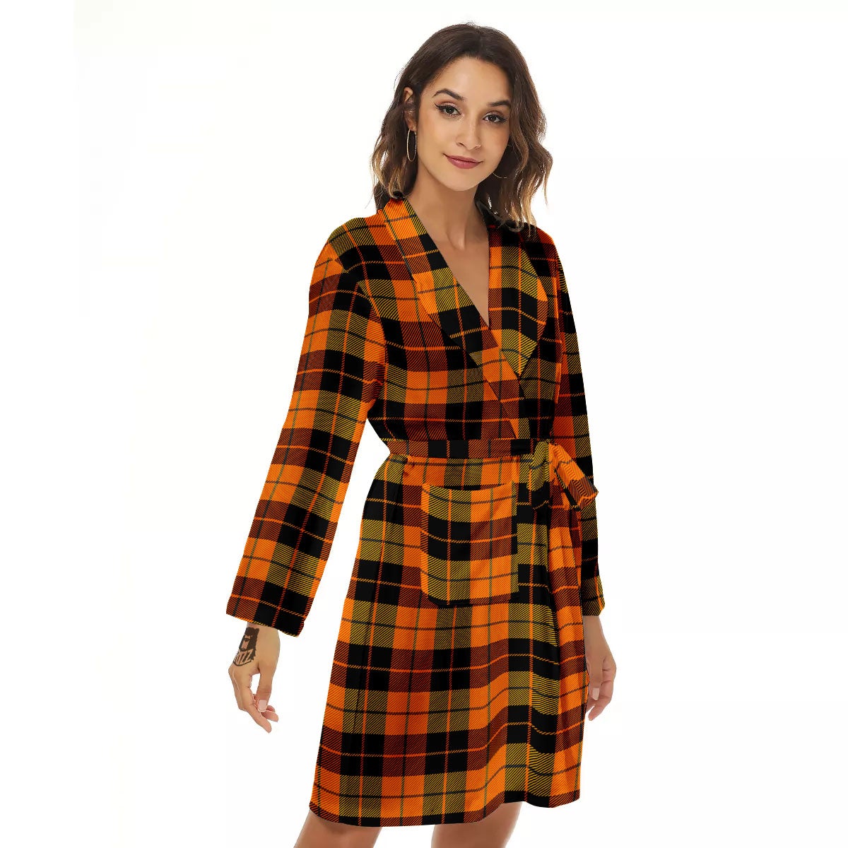 Black Orange And Yellow Tartan Print Pattern Women's Robe-grizzshop