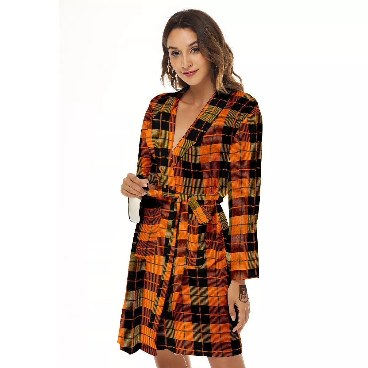 Black Orange And Yellow Tartan Print Pattern Women's Robe-grizzshop