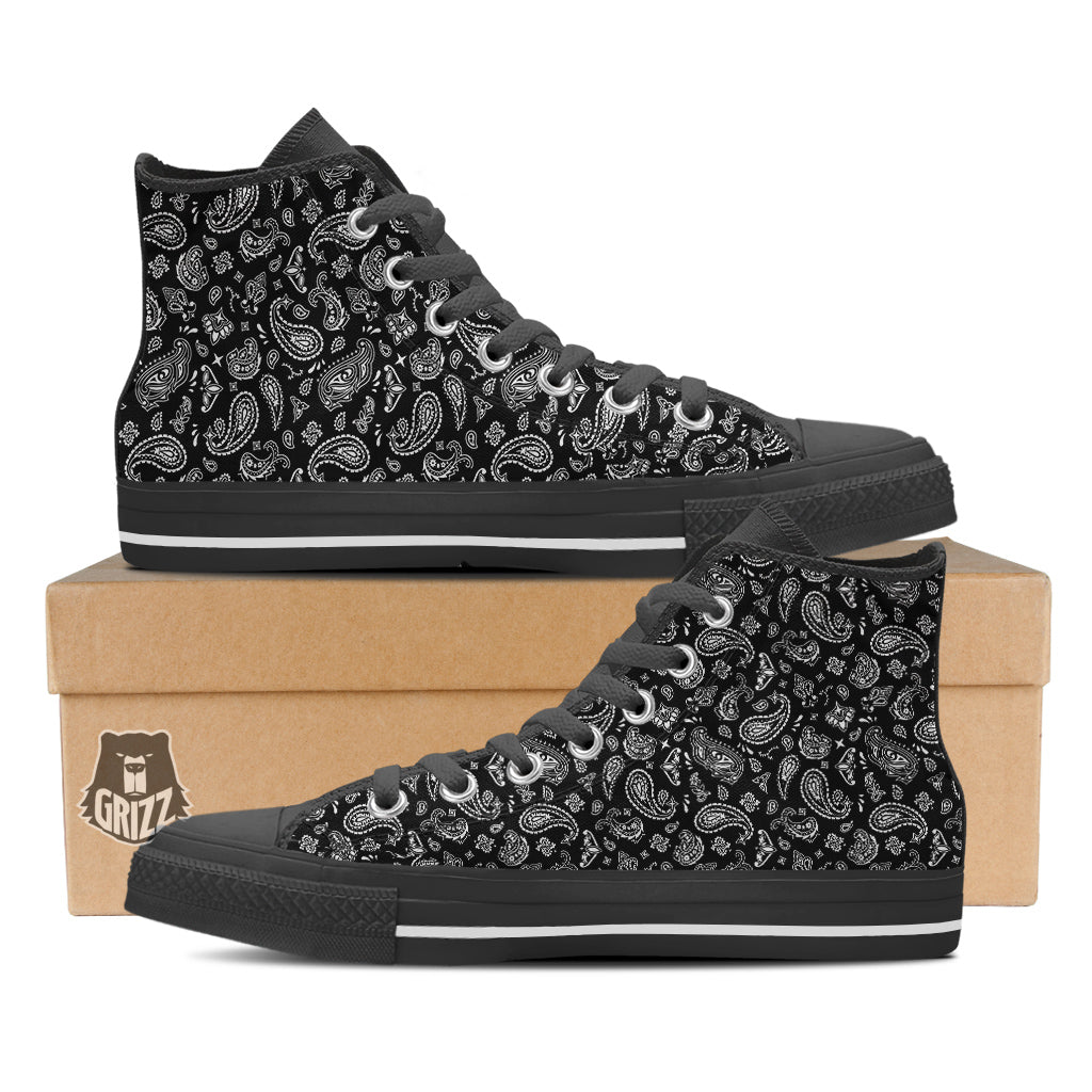 Black Paisley Bandana Print Black High Top Shoes-grizzshop