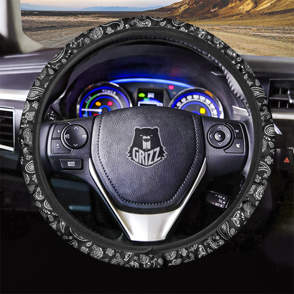 Black Paisley Bandana Print Car Steering Wheel Cover-grizzshop