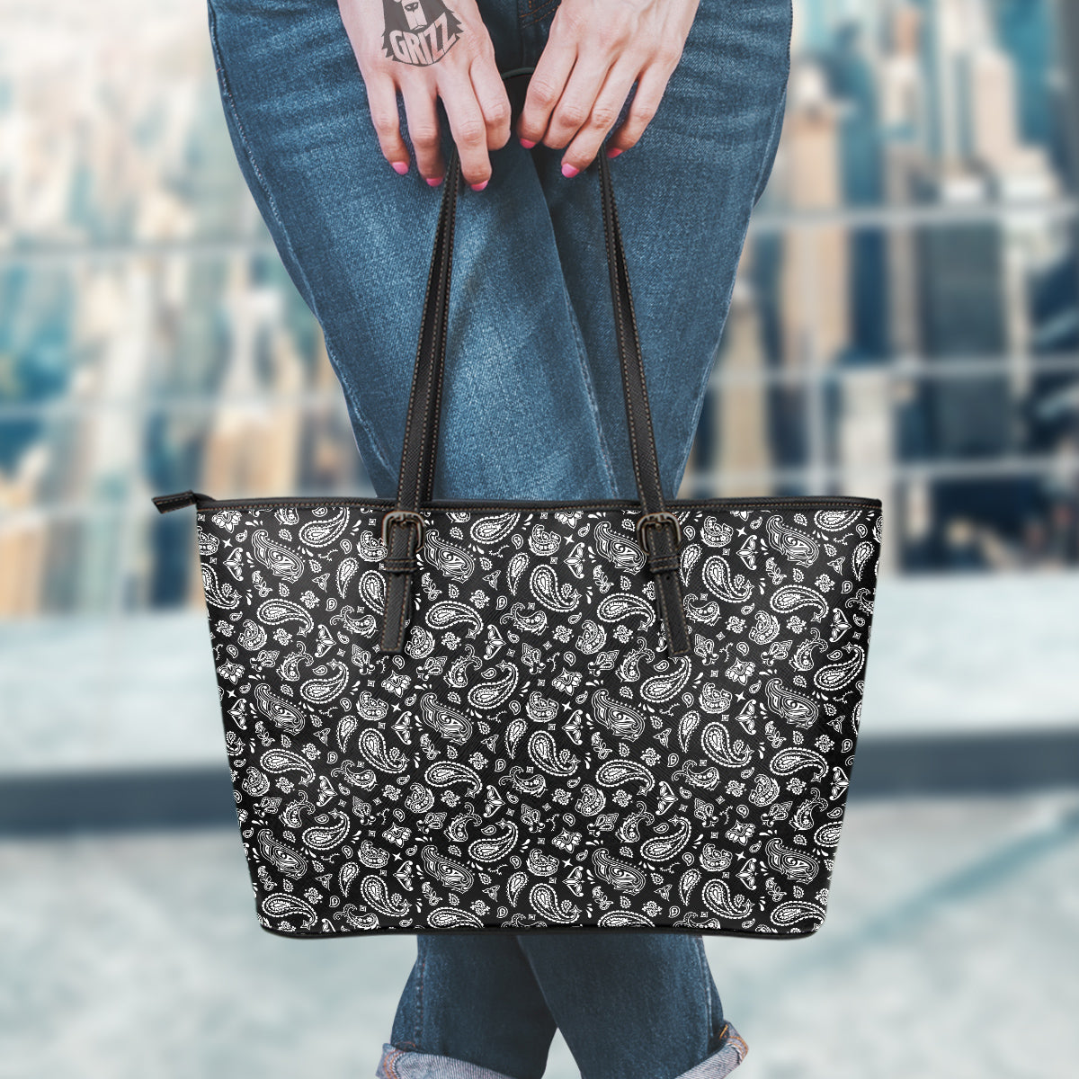 Black Paisley Bandana Print Leather Tote Bag-grizzshop