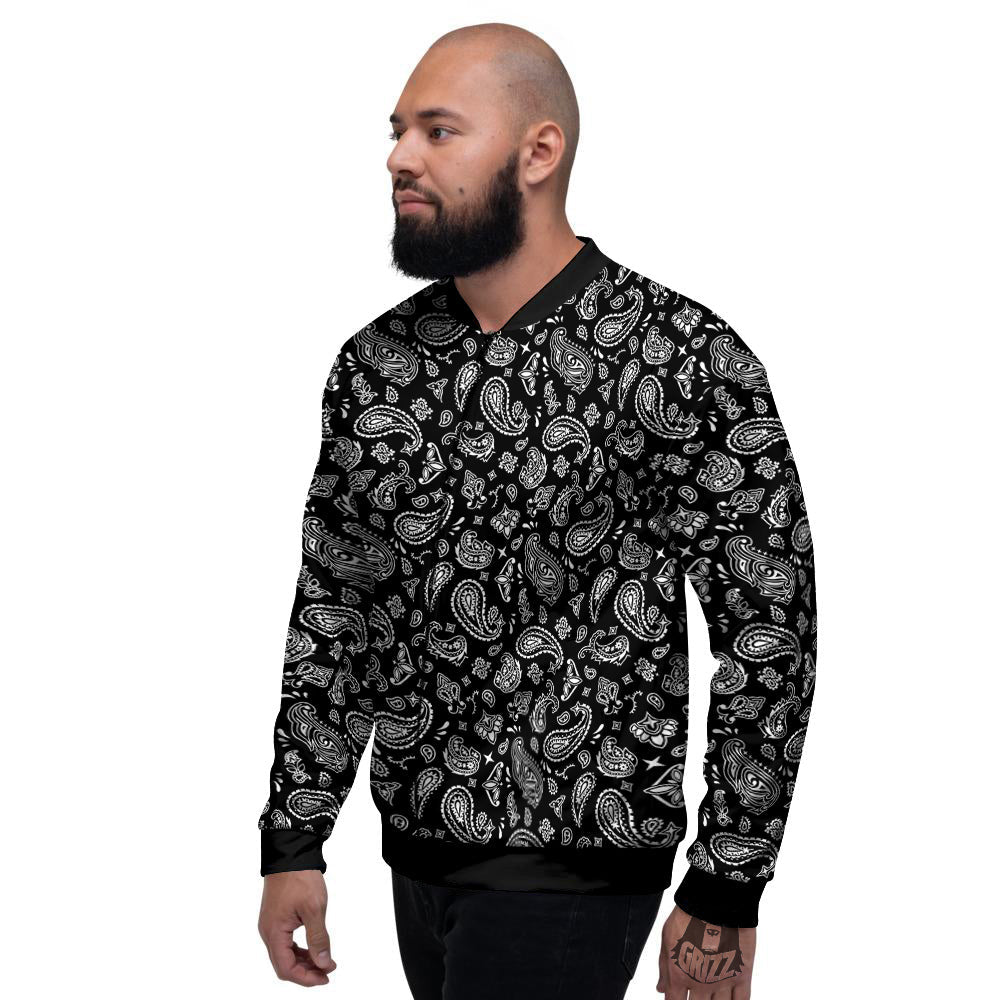 Black Paisley Bandana Print Men's Bomber Jacket-grizzshop