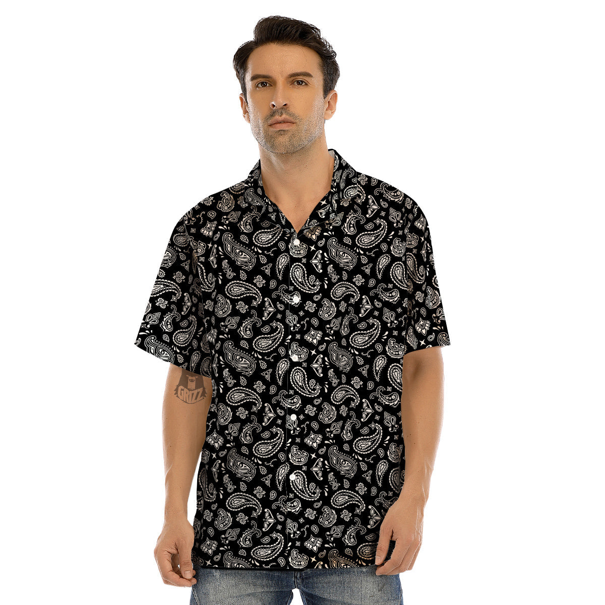 Black Paisley Bandana Print Men’s Hawaiian Shirt-grizzshop