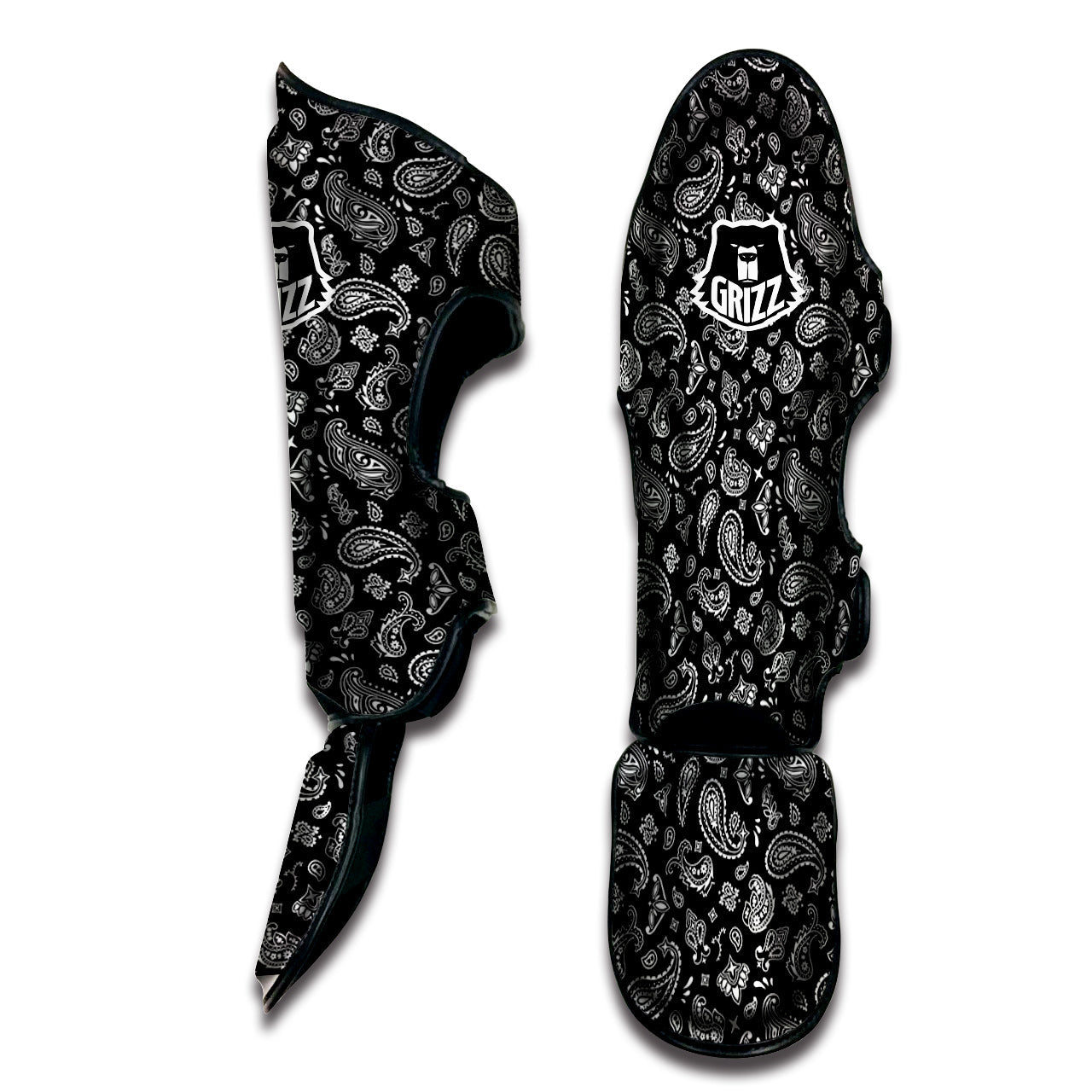 Black Paisley Bandana Print Muay Thai Shin Guards-grizzshop