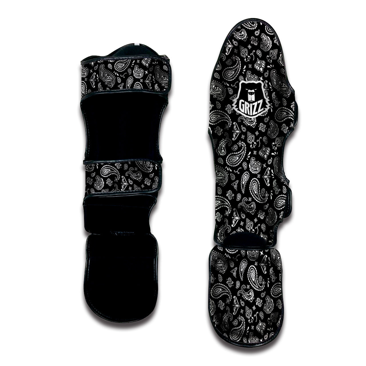 Black Paisley Bandana Print Muay Thai Shin Guards-grizzshop