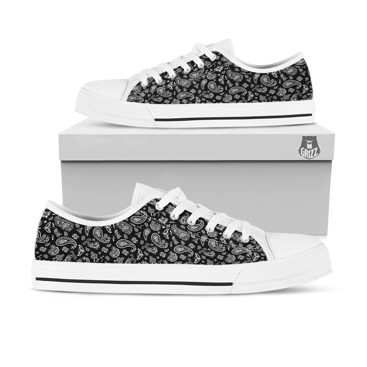 Black Paisley Bandana Print White Low Top Shoes-grizzshop