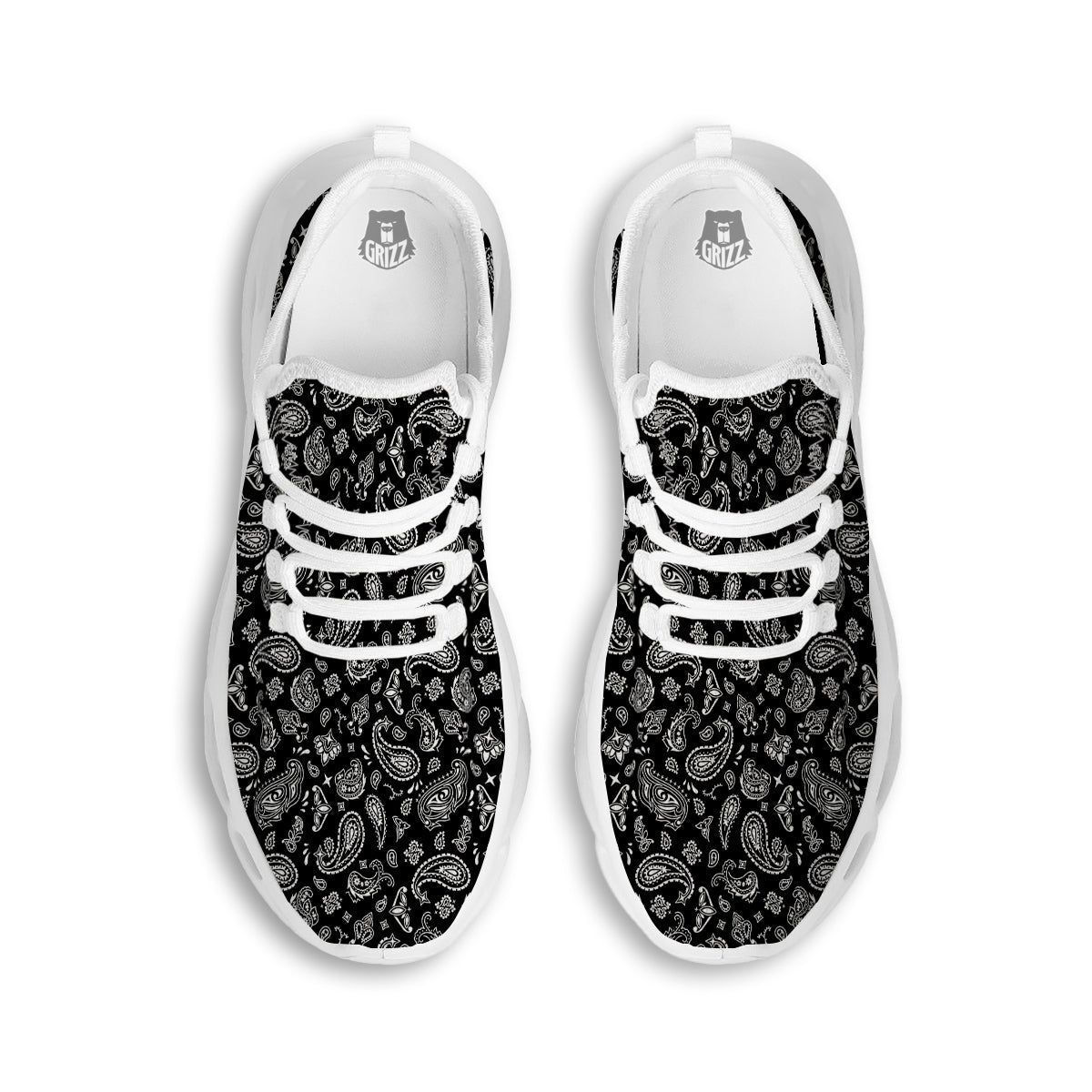 Black Paisley Bandana Print White Running Shoes-grizzshop