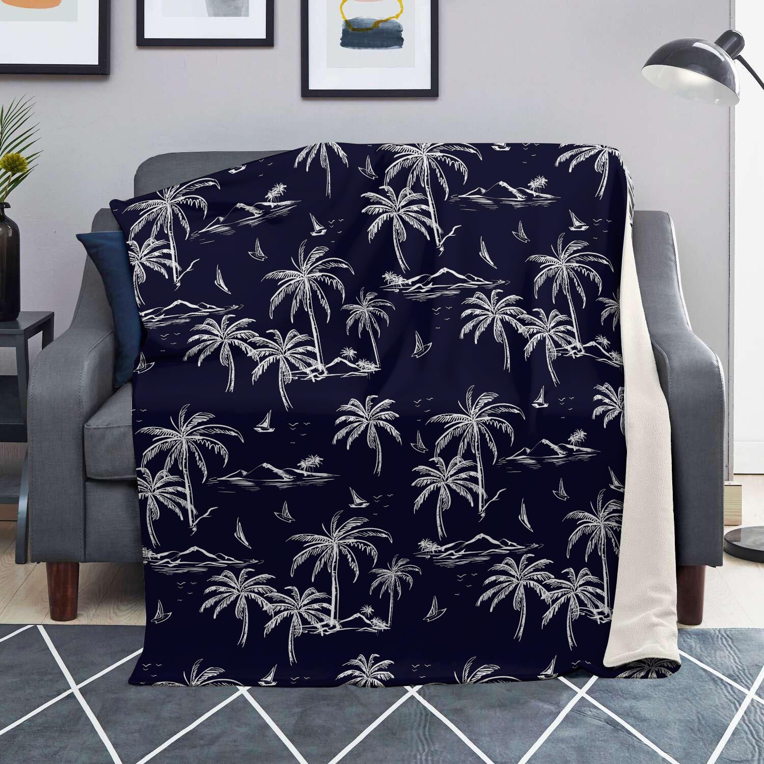 Black Palm Tree Hawaiian Print Blanket-grizzshop