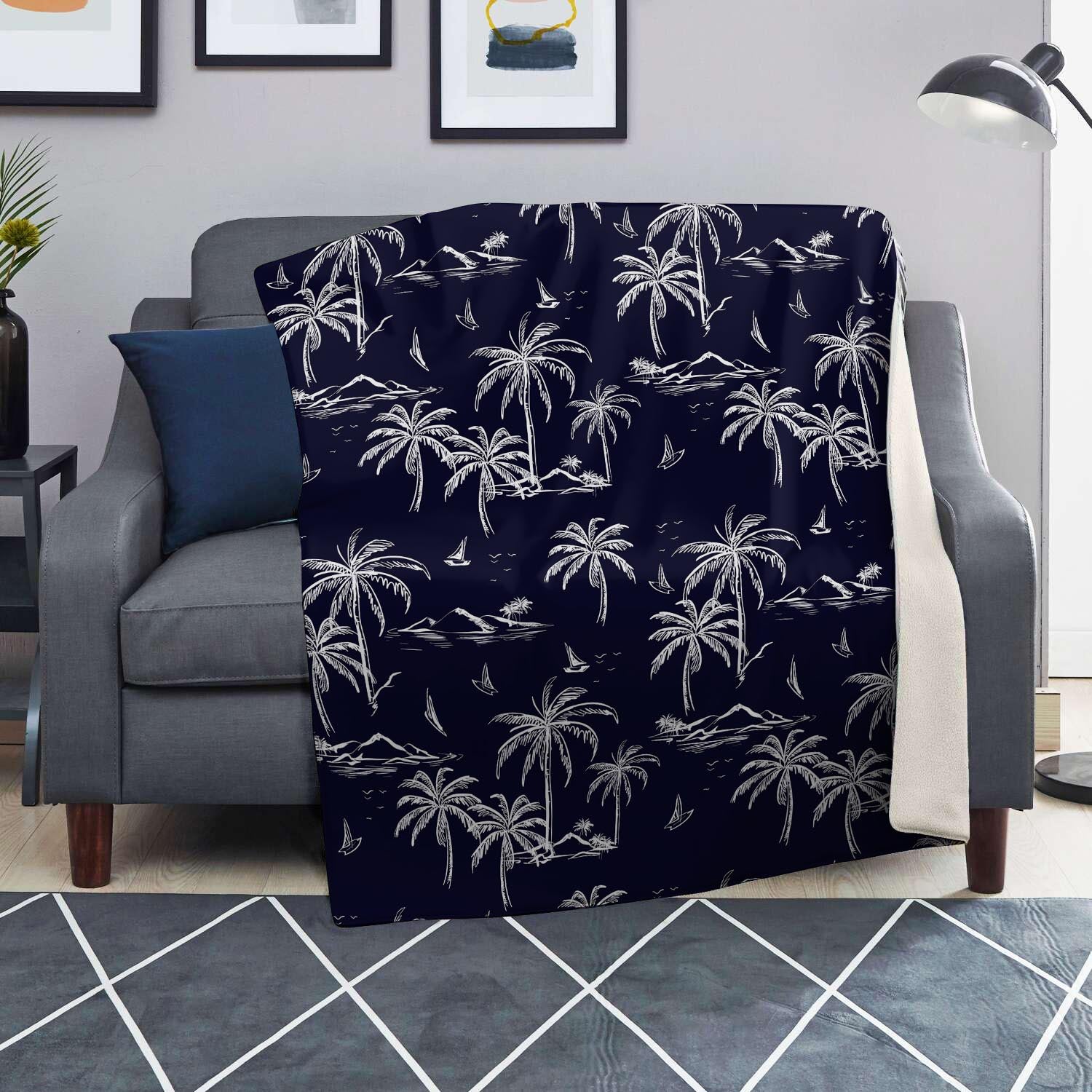 Black Palm Tree Hawaiian Print Blanket-grizzshop