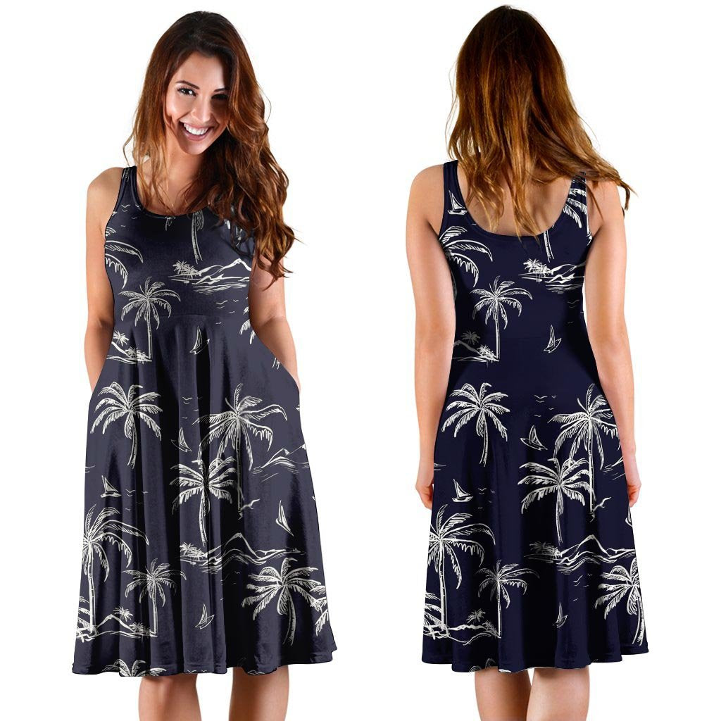 Black Palm Tree Hawaiian Print Dress-grizzshop