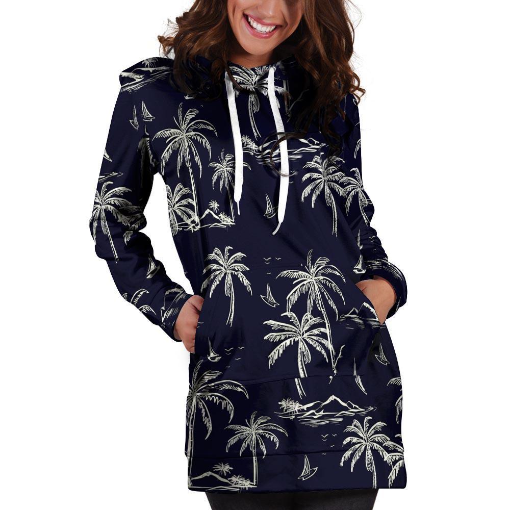 Black Palm Tree Hawaiian Print Hoodie Dress-grizzshop