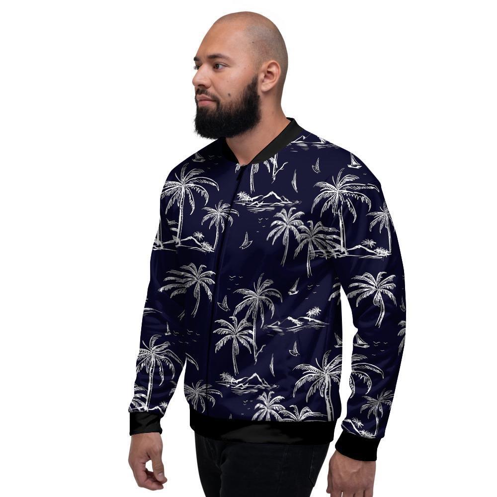 Black Palm Tree Hawaiian Print Men's Bomber Jacket-grizzshop