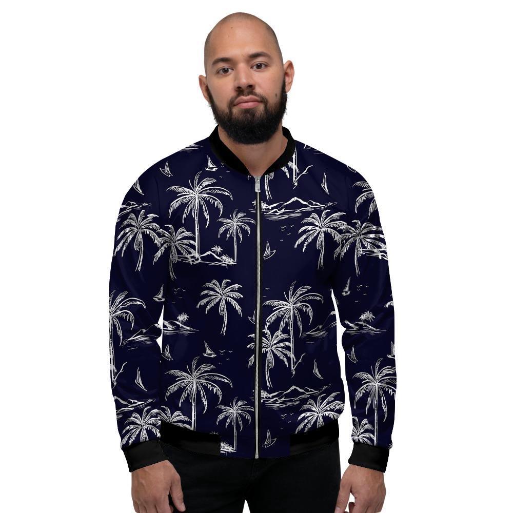 Black Palm Tree Hawaiian Print Men's Bomber Jacket-grizzshop