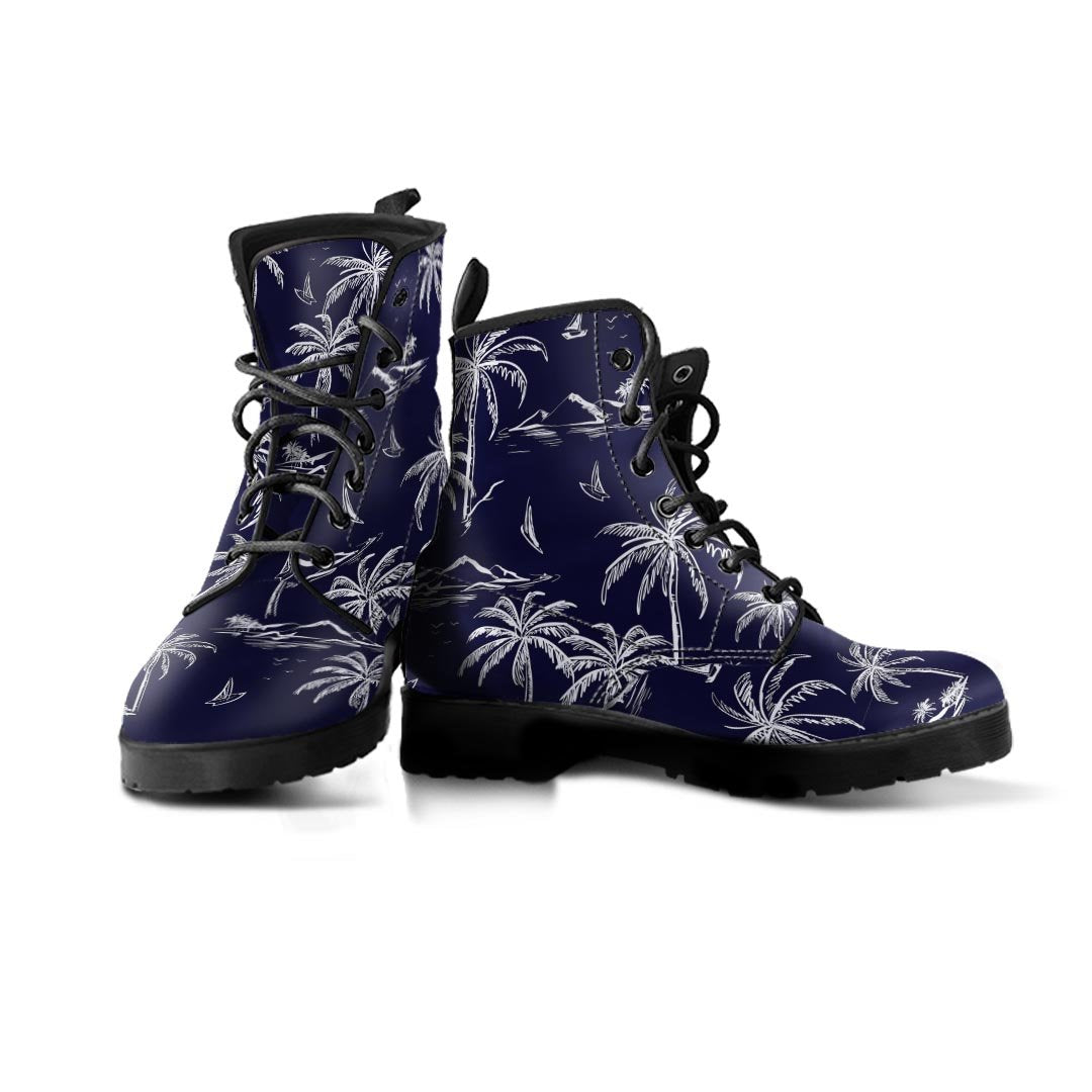 Black Palm Tree Hawaiian Print Men's Boots-grizzshop