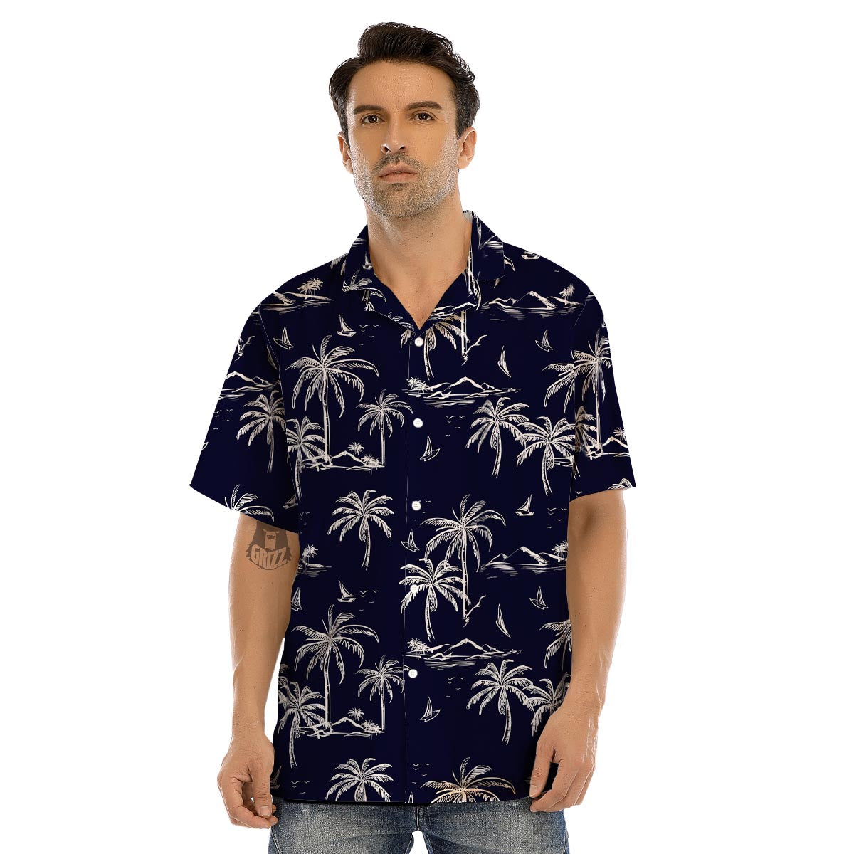 Black Palm Tree Hawaiian Print Men’s Hawaiian Shirt-grizzshop