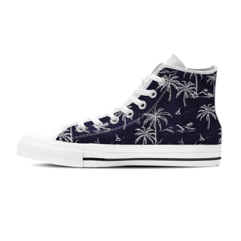 Black Palm Tree Hawaiian Print Men's High Top Shoes-grizzshop