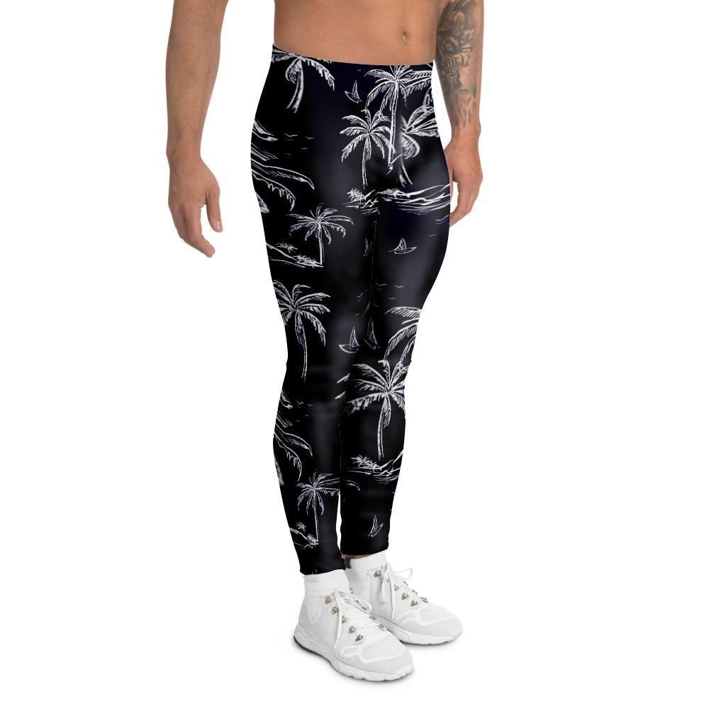 Black Palm Tree Hawaiian Print Men's Leggings-grizzshop