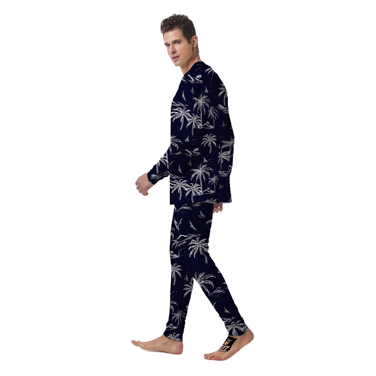 Black Palm Tree Hawaiian Print Men's Pajamas-grizzshop