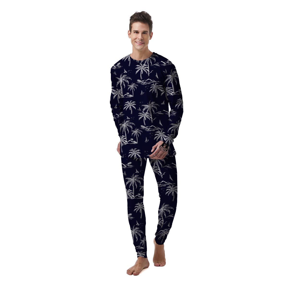 Black Palm Tree Hawaiian Print Men's Pajamas-grizzshop