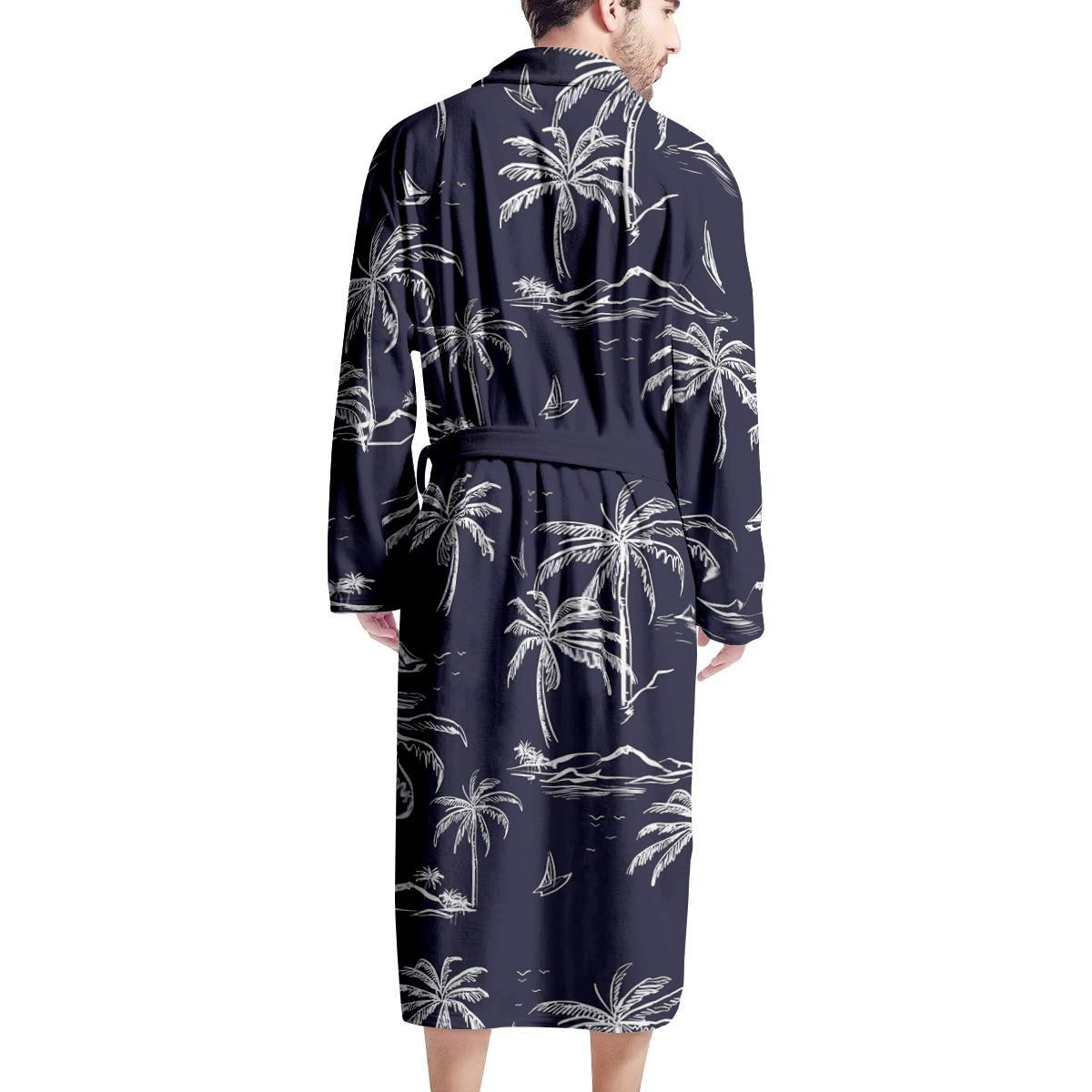 Black Palm Tree Hawaiian Print Men's Robe-grizzshop