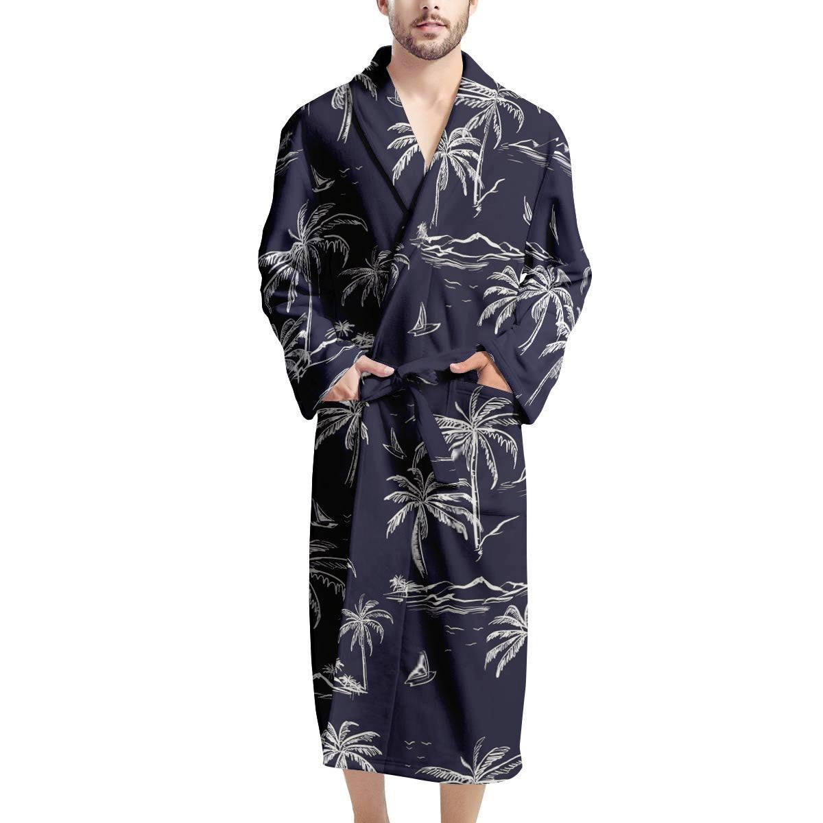 Black Palm Tree Hawaiian Print Men's Robe-grizzshop