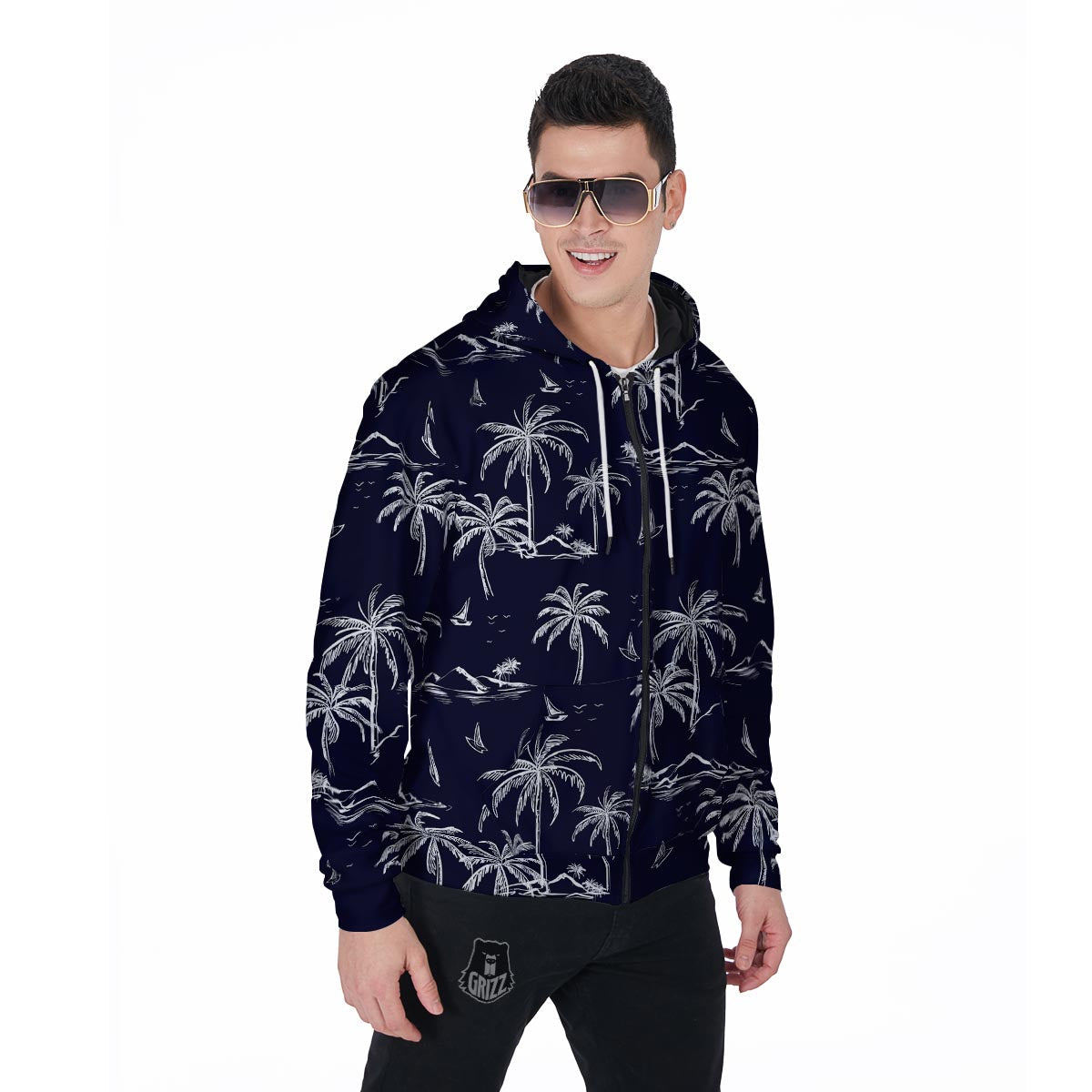 Black Palm Tree Hawaiian Print Men's Zip Up Hoodie-grizzshop