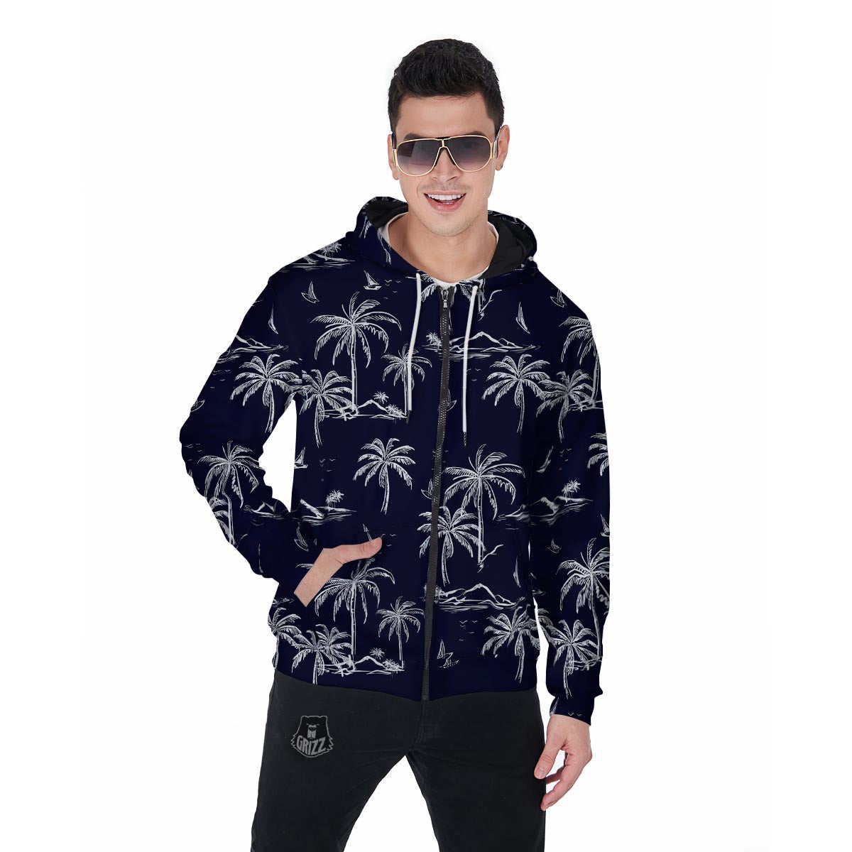 Black Palm Tree Hawaiian Print Men's Zip Up Hoodie-grizzshop