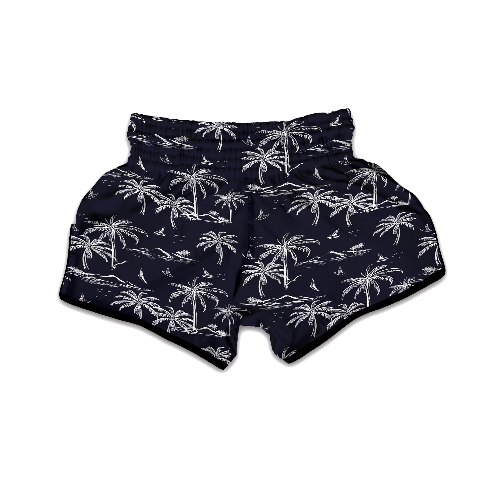 Black Palm Tree Hawaiian Print Muay Thai Boxing Shorts-grizzshop