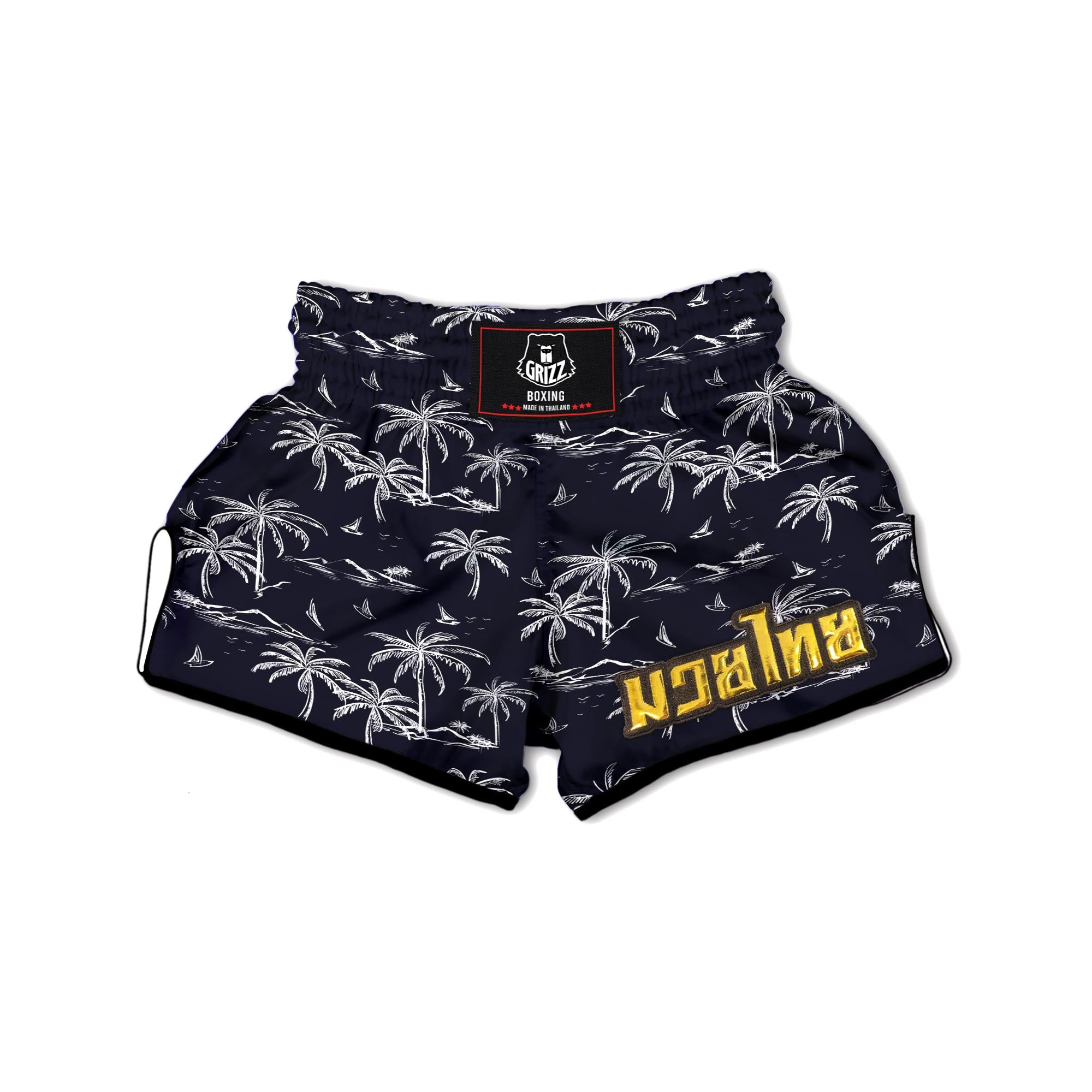 Black Palm Tree Hawaiian Print Muay Thai Boxing Shorts-grizzshop